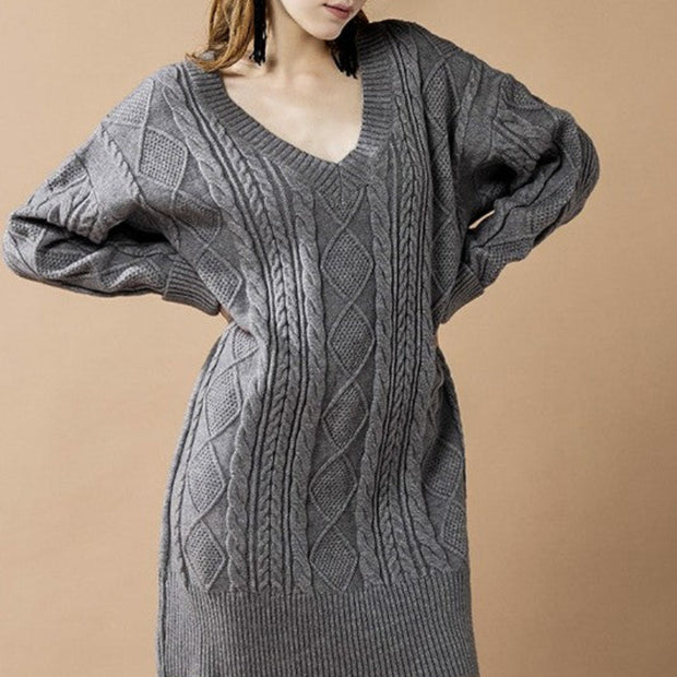 V-Neck Cable Knit Sweater Dress for Women