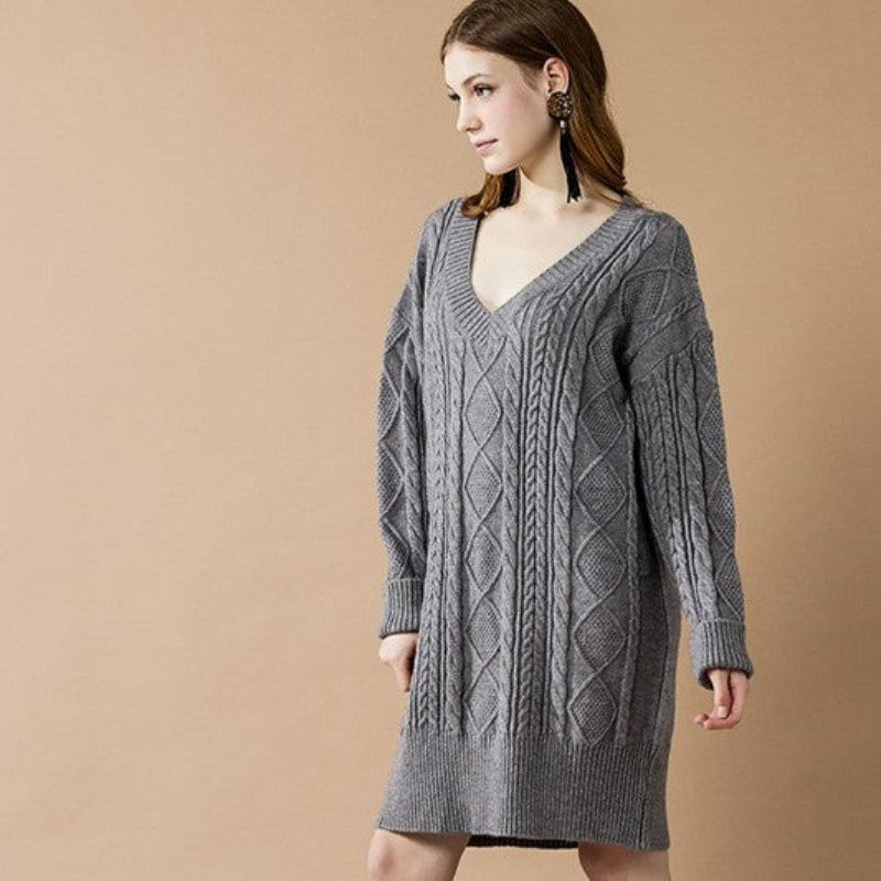 V-Neck Cable Knit Sweater Dress for Women