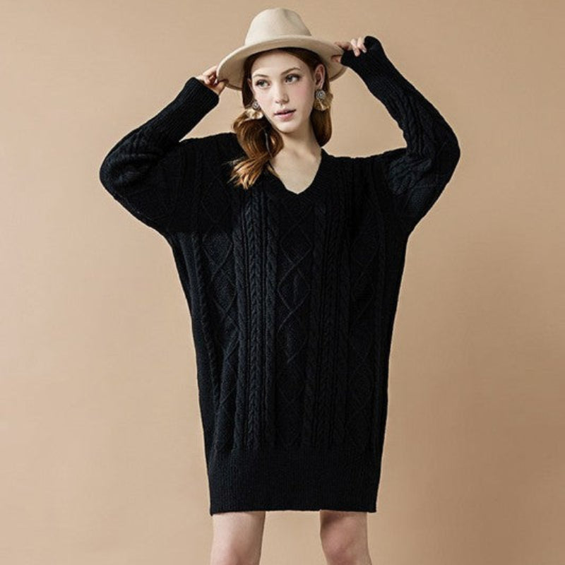 V-Neck Cable Knit Sweater Dress for Women