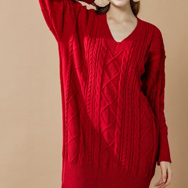 V-Neck Cable Knit Sweater Dress for Women