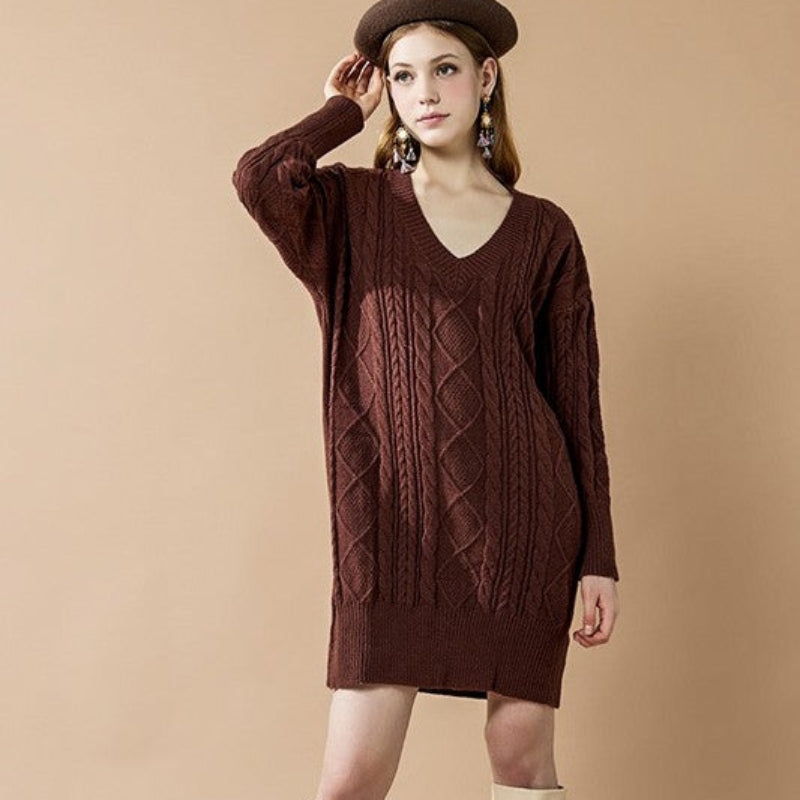 V-Neck Cable Knit Sweater Dress for Women