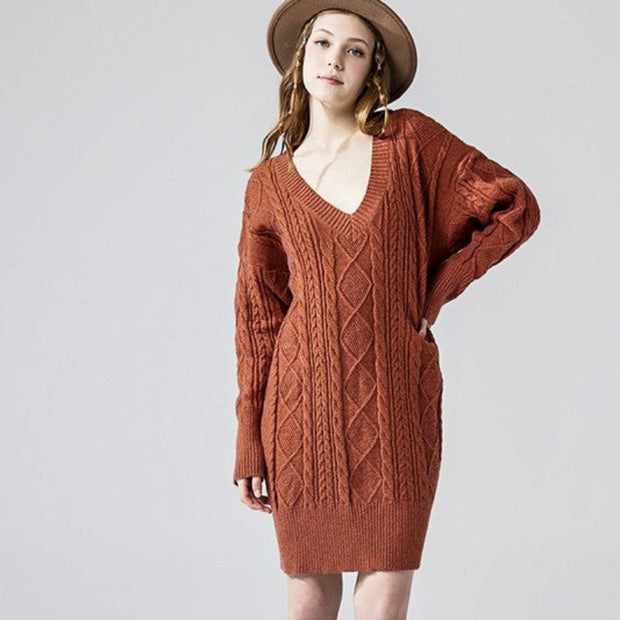 V-Neck Cable Knit Sweater Dress for Women