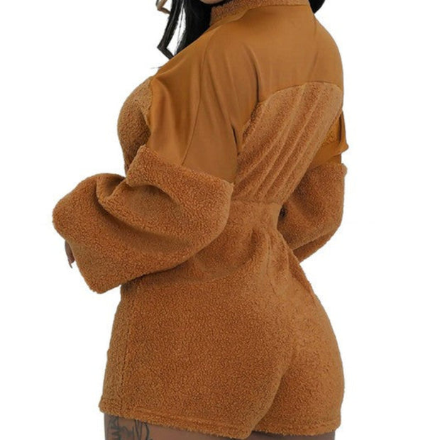 Women’s Brown Fleece Zip-Front Long Sleeve Romper