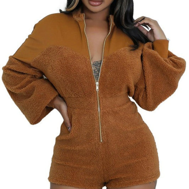 Women’s Brown Fleece Zip-Front Long Sleeve Romper