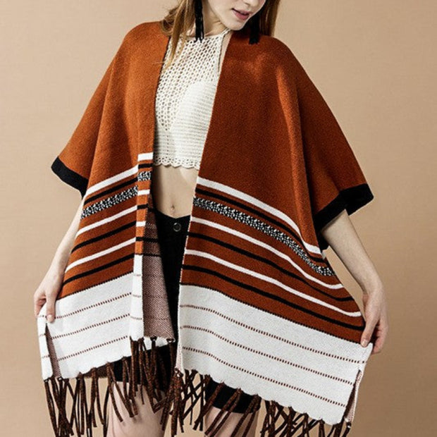 Women’s Striped Fringe Knit Poncho Shawl