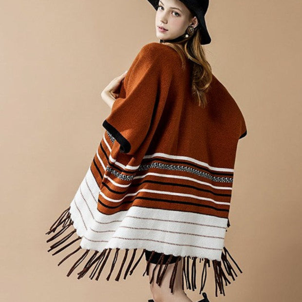 Women’s Striped Fringe Knit Poncho Shawl