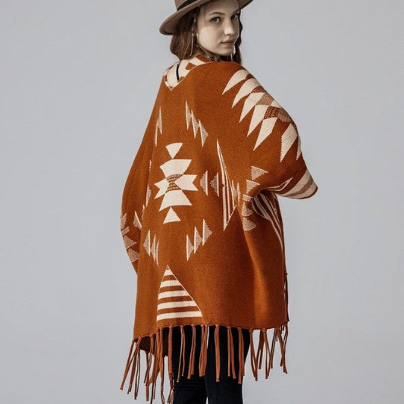 Women’s Geometric Fringe Knit Poncho Shawl