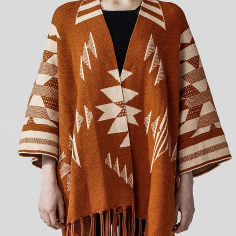 Women’s Geometric Fringe Knit Poncho Shawl