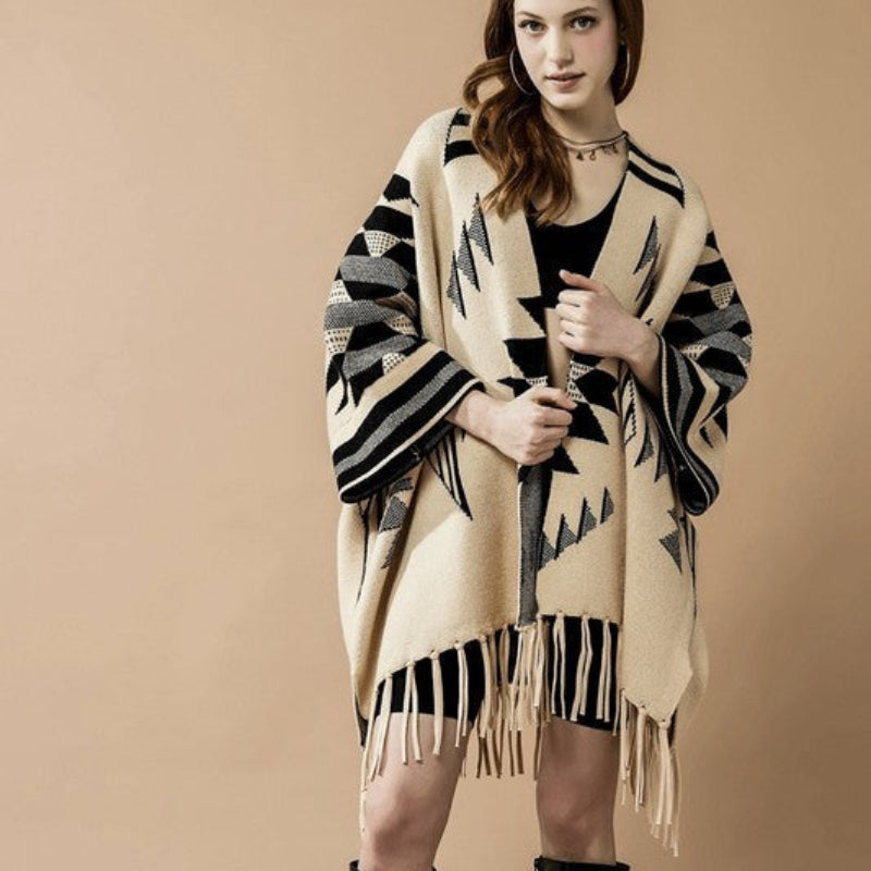 Women’s Geometric Fringe Knit Poncho Shawl