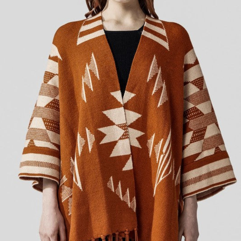 Women’s Geometric Fringe Knit Poncho Shawl