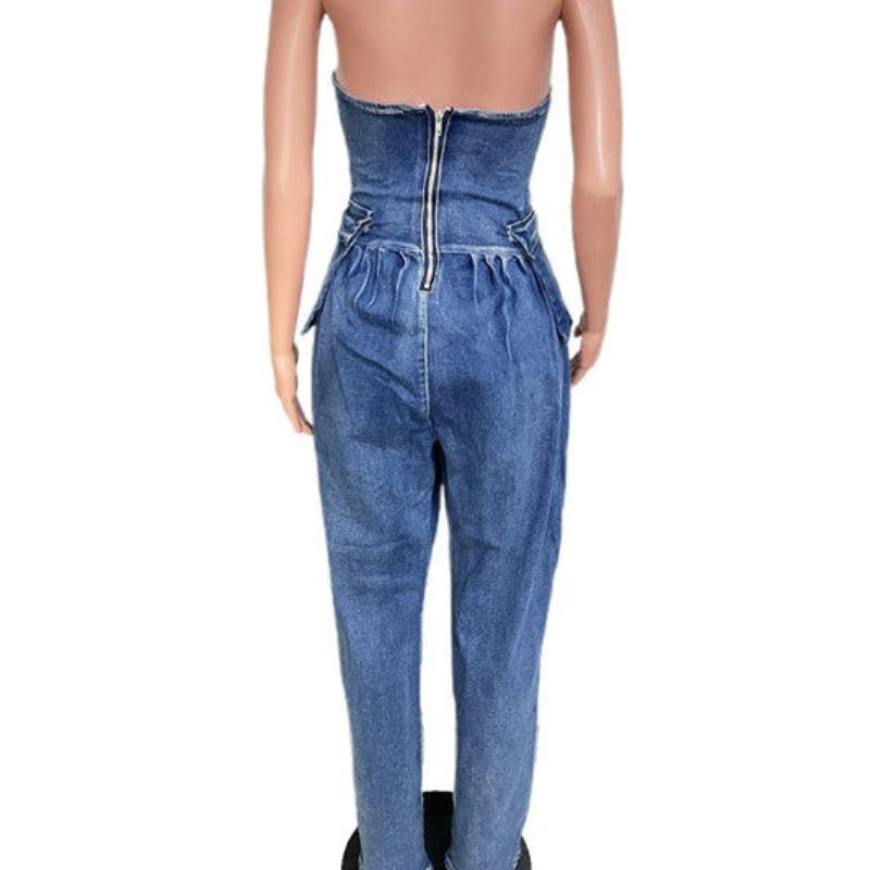 Strapless Denim Corset Jumpsuit for Women