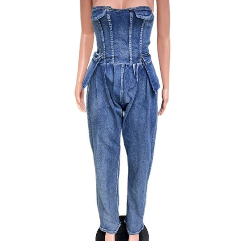 Strapless Denim Corset Jumpsuit for Women