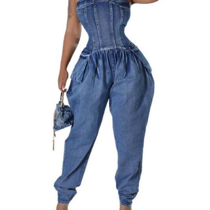Strapless Denim Corset Jumpsuit for Women