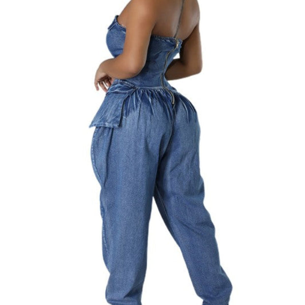 Strapless Denim Corset Jumpsuit for Women