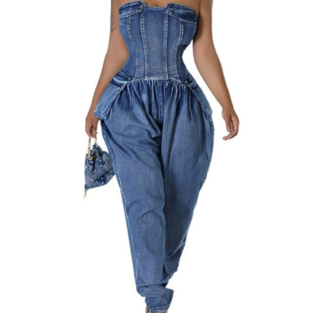 Strapless Denim Corset Jumpsuit for Women