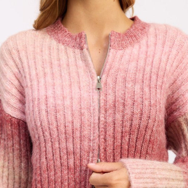 Pink Gradient Ribbed Zip-Front Cardigan Sweater for Women