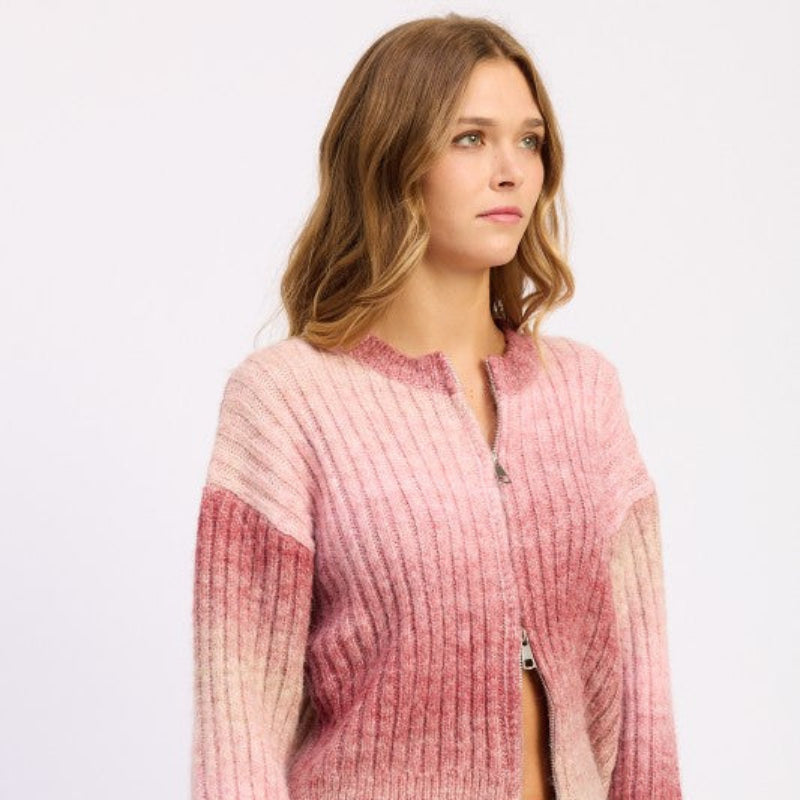 Pink Gradient Ribbed Zip-Front Cardigan Sweater for Women