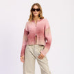 Pink Gradient Ribbed Zip-Front Cardigan Sweater for Women
