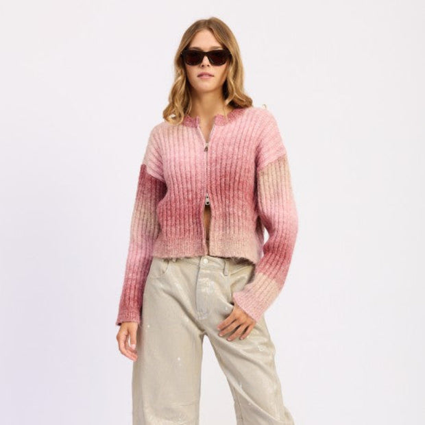 Pink Gradient Ribbed Zip-Front Cardigan Sweater for Women