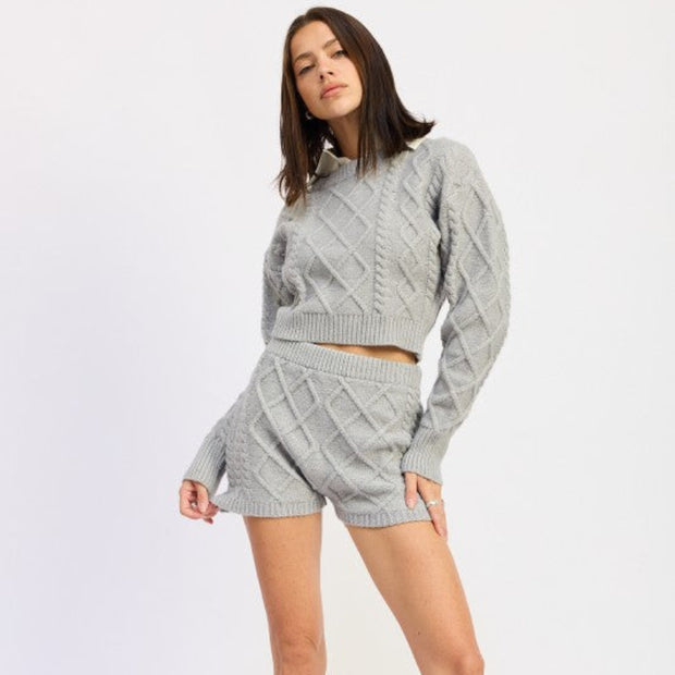 Grey Cable Knit Crop Sweater & Shorts Set for Women