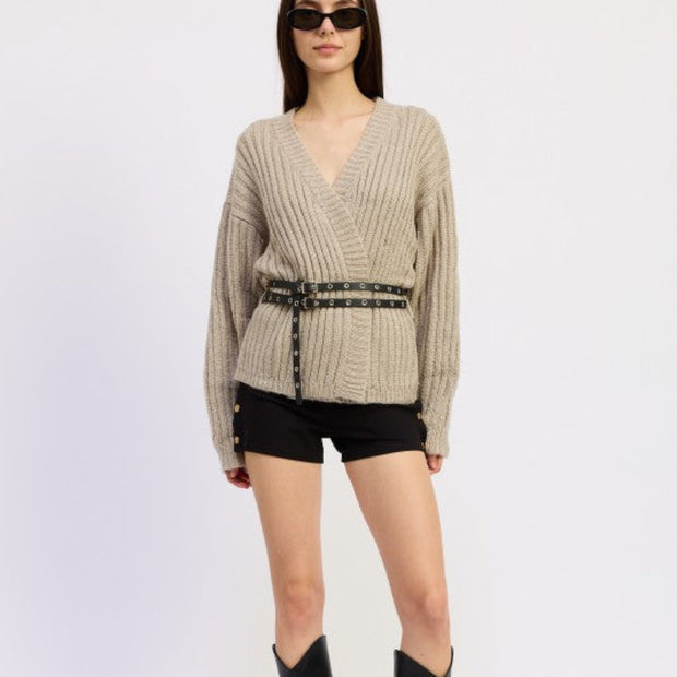 Women’s Ribbed V-Neck Belted Knit Sweater