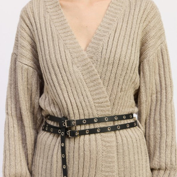 Women’s Ribbed V-Neck Belted Knit Sweater