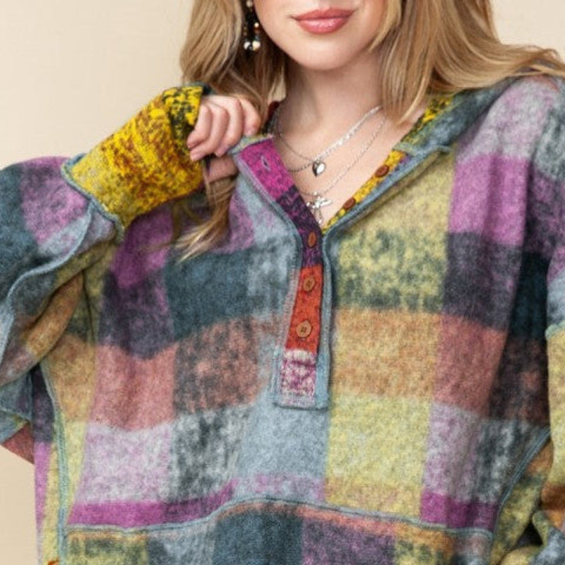 Multicolor Plaid Hooded Button-Front Top