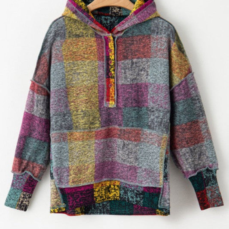 Multicolor Plaid Hooded Button-Front Top