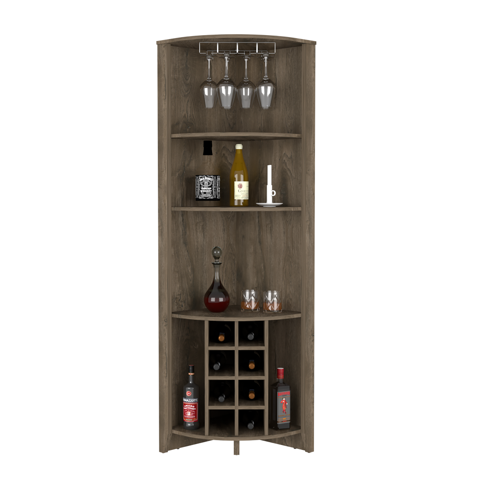 Corner Bar Cabinet Castle, Three Shelves, Eight Wine Cubbies, Dark.