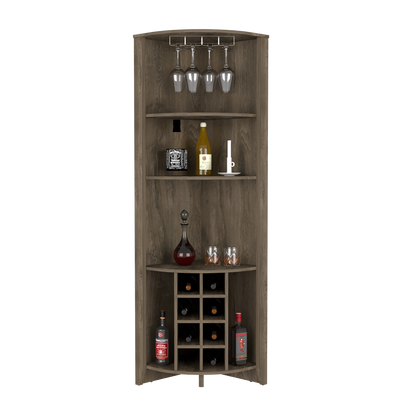 Corner Bar Cabinet Castle, Three Shelves, Eight Wine Cubbies, Dark.