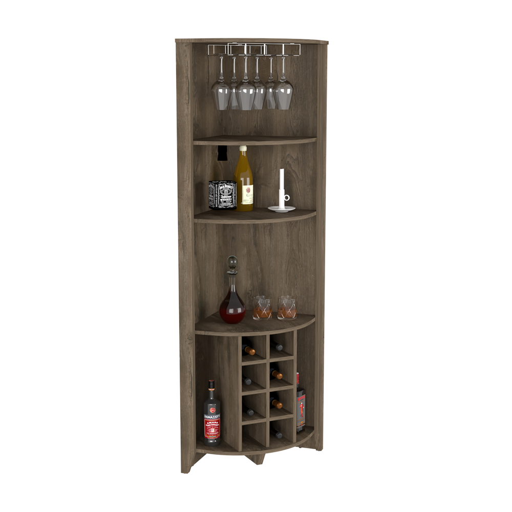 Corner Bar Cabinet Castle, Three Shelves, Eight Wine Cubbies, Dark.