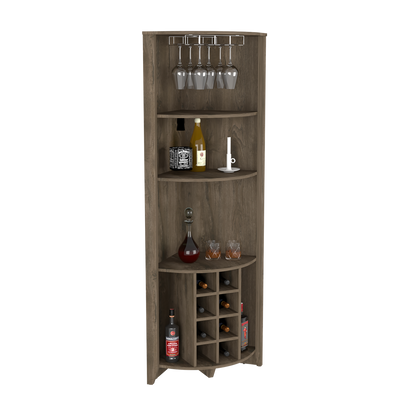 Corner Bar Cabinet Castle, Three Shelves, Eight Wine Cubbies, Dark.