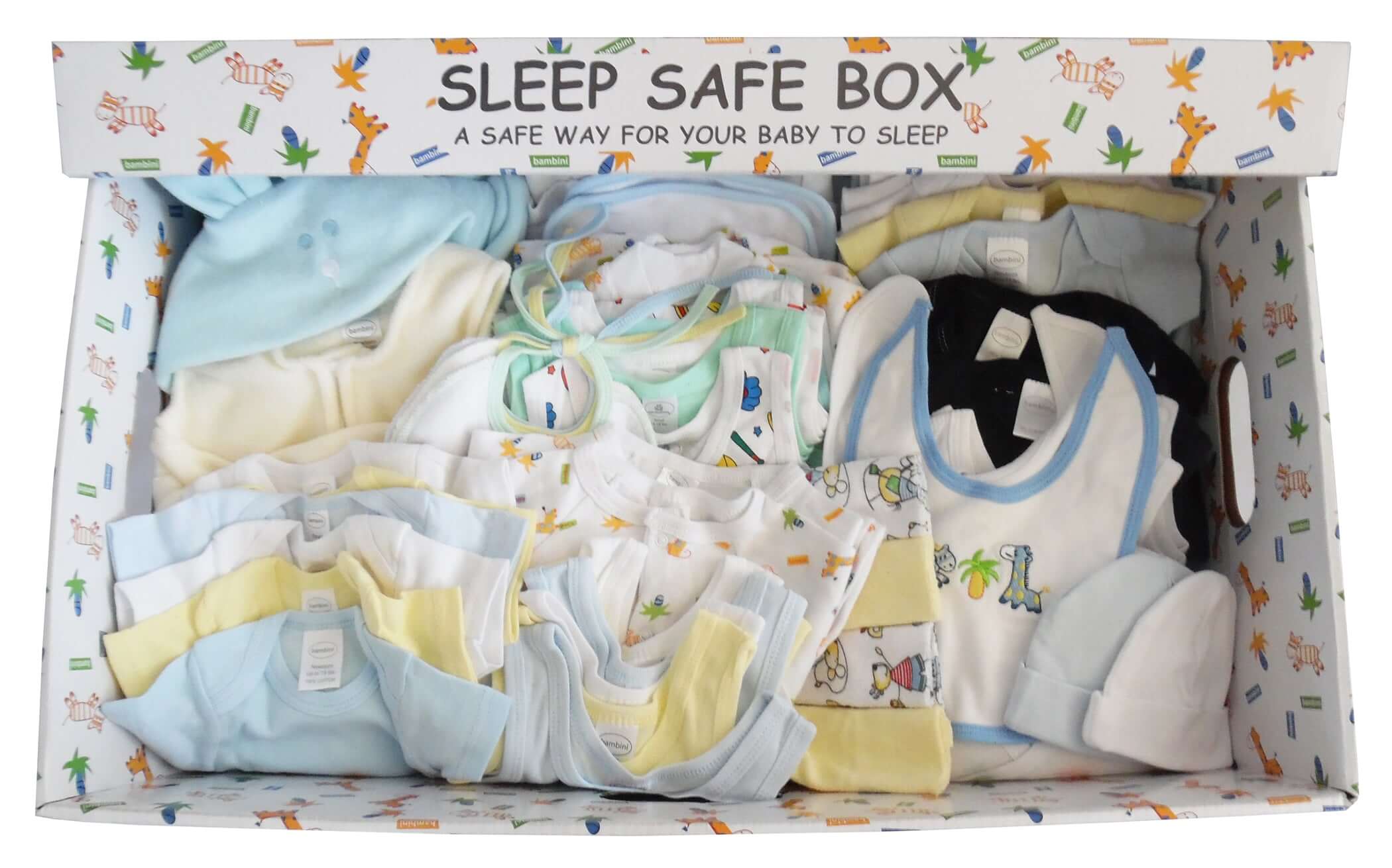 Starter Pack Box with soft baby clothing essentials for newborns in a colorful storage box.