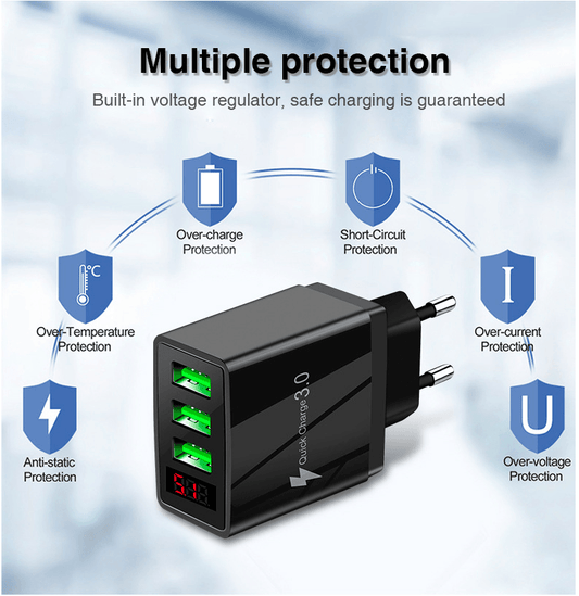 3 port LED Display Wall Charger  and 3 in 1 Cable Bundle Red