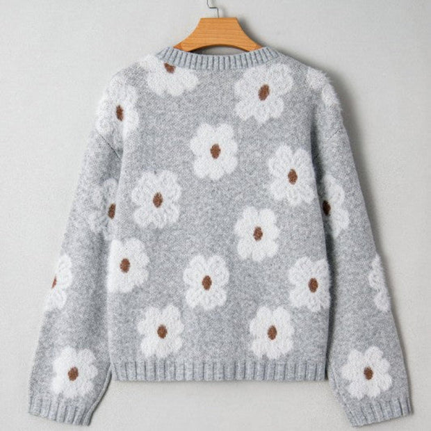Grey Floral Knit Crewneck Sweater