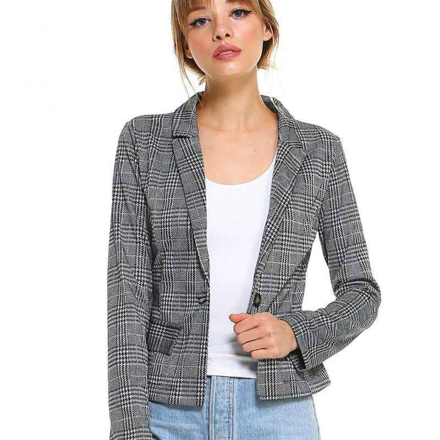 Women Grey Checkered Blazer Casual Style Jacket