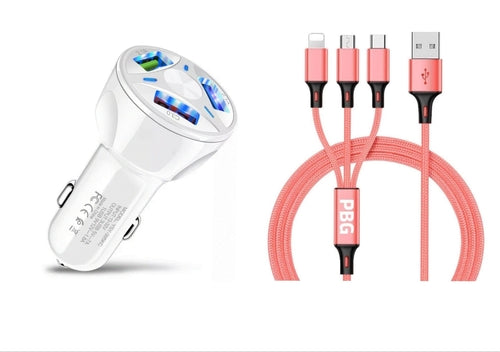 3 Port Fast LED White Car Charger + 3 in 1 Cable Combo Pink