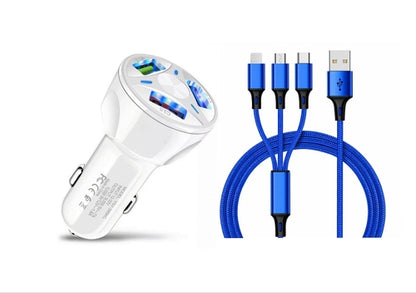 3 Port Fast LED White Car Charger + 3 in 1 Cable Combo