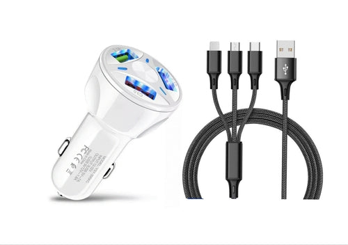 3 Port Fast LED White Car Charger + 3 in 1 Cable Combo