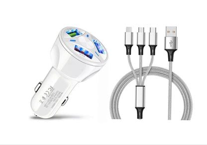 3 Port Fast LED White Car Charger + 3 in 1 Cable Combo