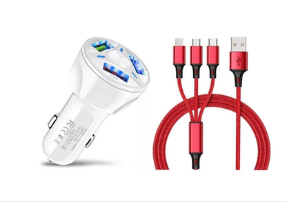 3 Port Fast LED White Car Charger + 3 in 1 Cable Combo