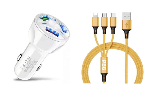 3 Port Fast LED White Car Charger + 3 in 1 Cable Combo