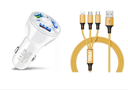 3 Port Fast LED White Car Charger + 3 in 1 Cable Combo