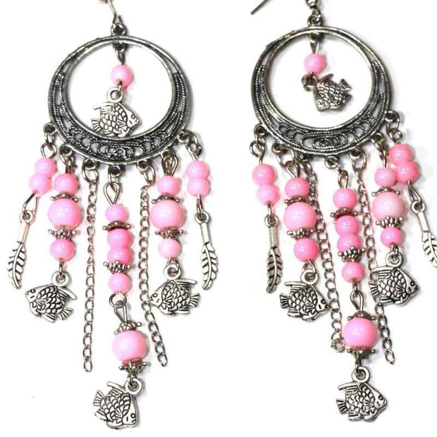 Silver Fish Charm Pink Beaded Dangle Earrings