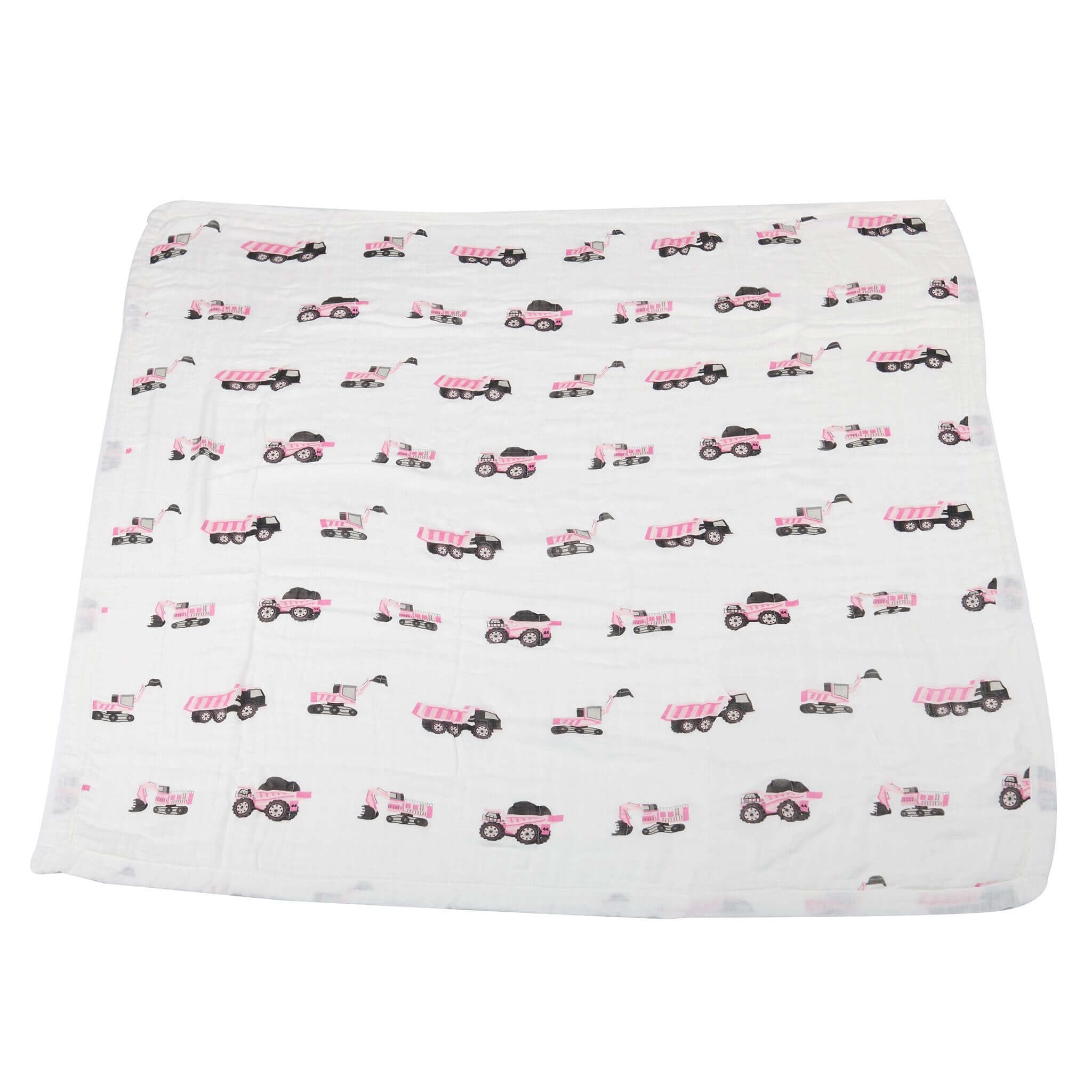 Pink Digger Bamboo Blanket featuring lightweight design with truck patterns, ideal for swaddling and naptime.