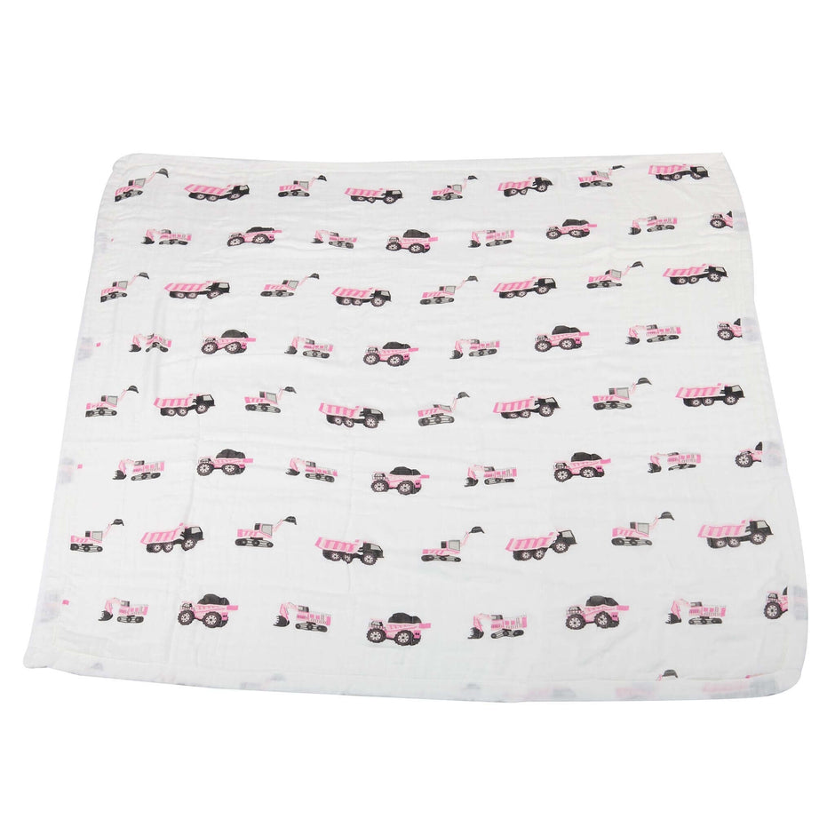 Pink Digger Bamboo Blanket featuring lightweight design with truck patterns, ideal for swaddling and naptime.
