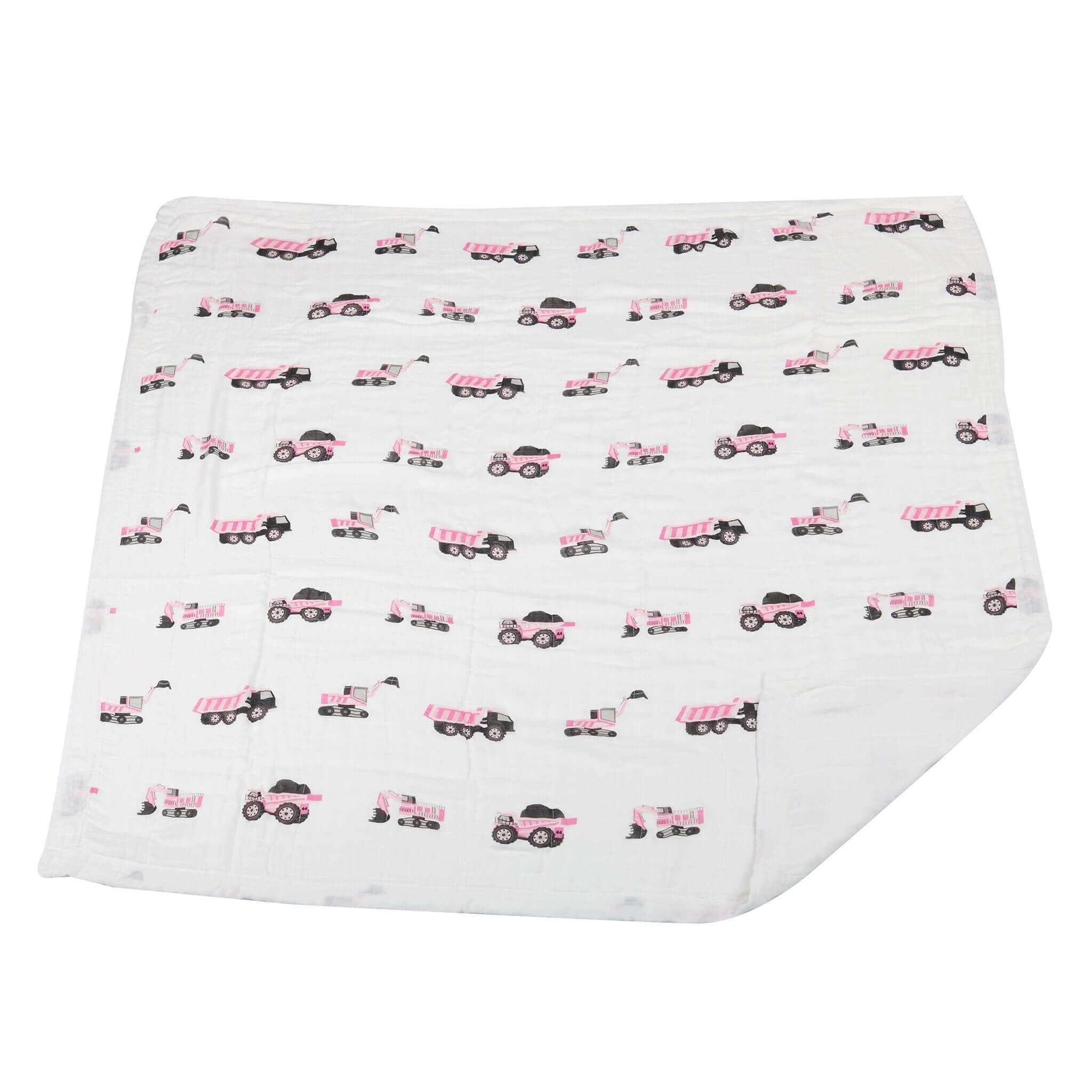 Pink Digger Bamboo Blanket featuring lightweight design and playful truck patterns, ideal for swaddling and naptime.