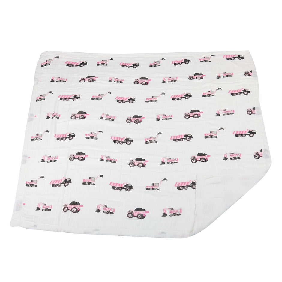 Pink Digger Bamboo Blanket featuring lightweight design and playful truck patterns, ideal for swaddling and naptime.
