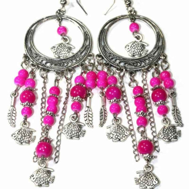 Silver Fish Charm Pink Beaded Dangle Earrings