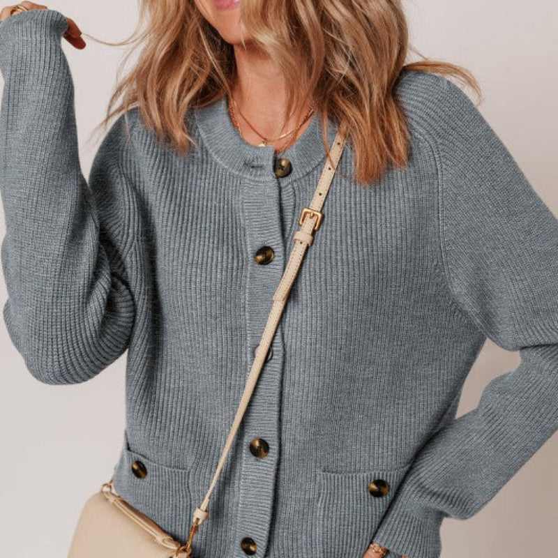 Women’s Blue Ribbed Knit Button-Front Cardigan